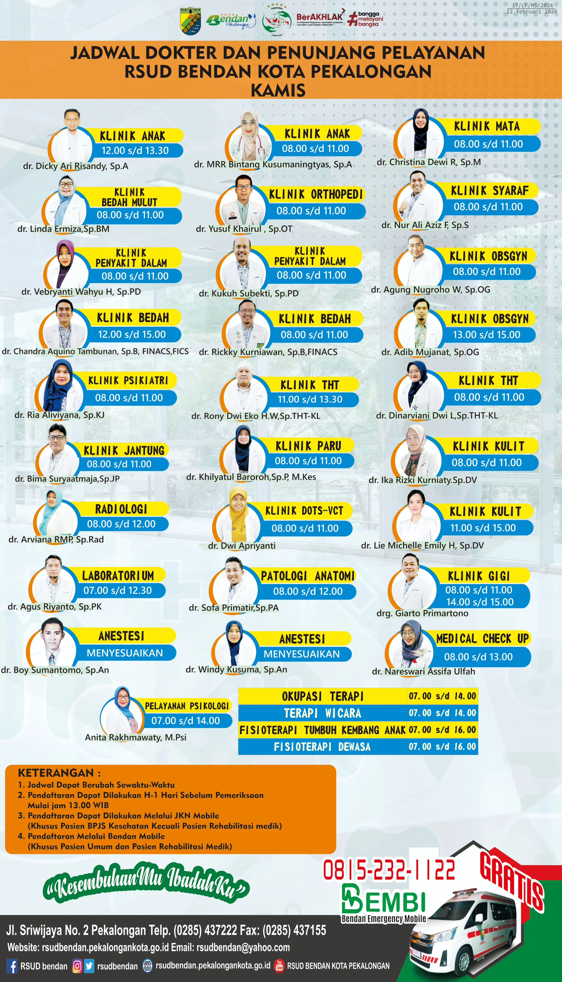 JADWAL DOKTER DAN PELAYANAN PENUNJANG RSUD BENDAN KOTA PEKALONGAN KAMIS